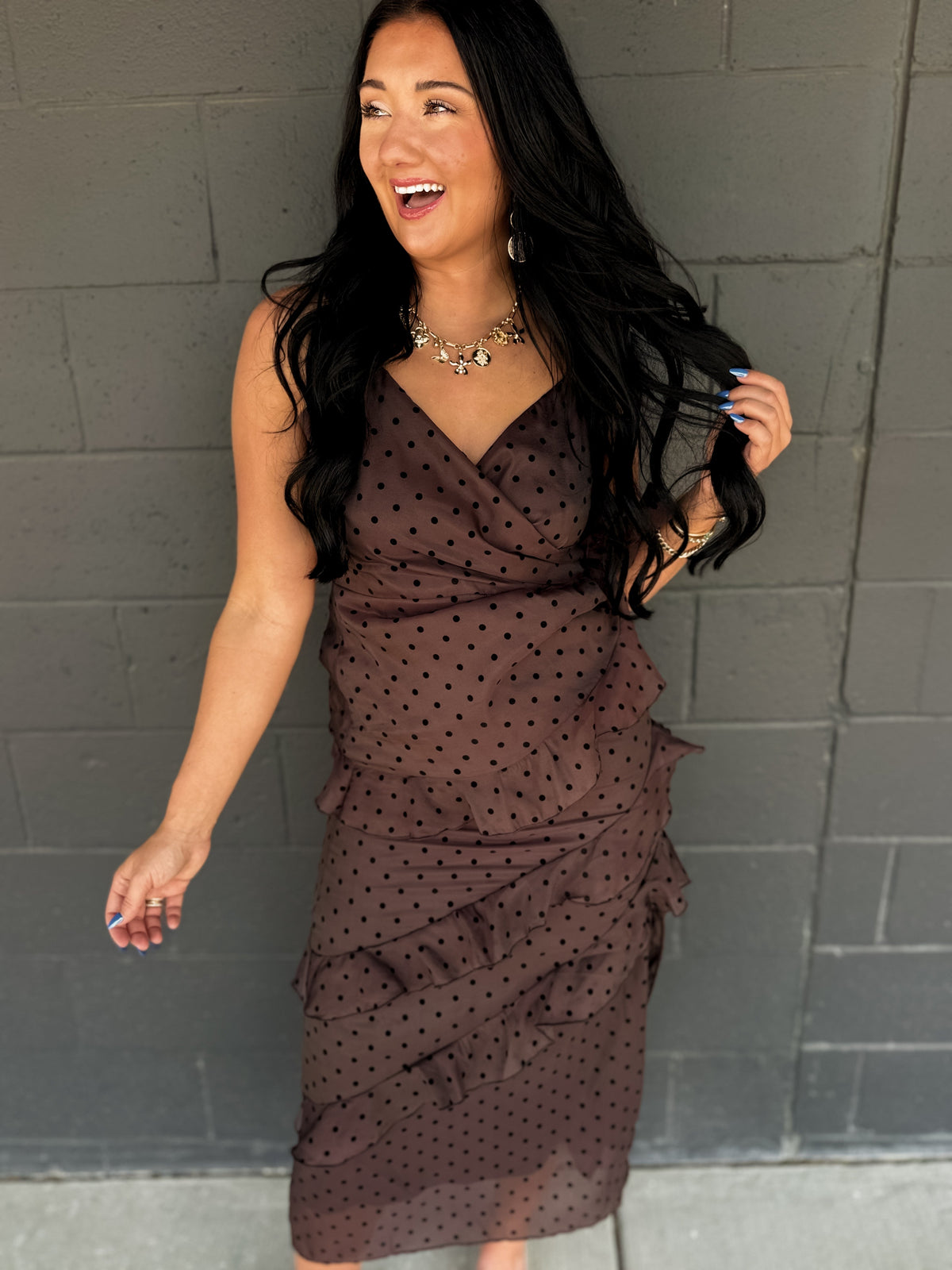 Cascading Ruffle Polka Dot Midi Dress - Chocolate