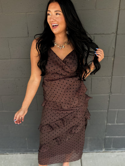 Cascading Ruffle Polka Dot Midi Dress - Chocolate