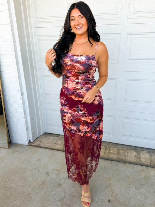 Floral Velvet Lace Trim Maxi Dress - Plum