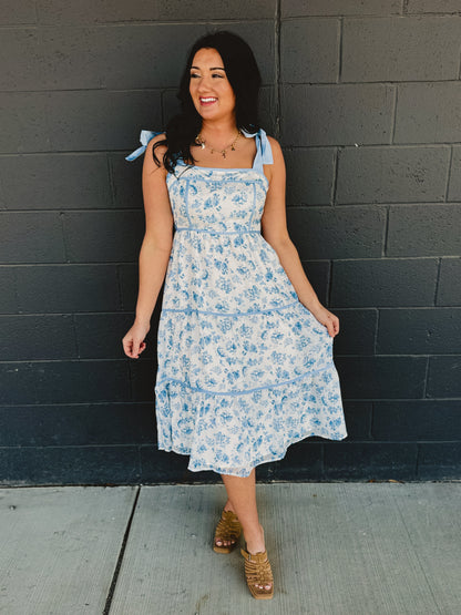 Floral Print Contrast Detail Midi Dress - Light Blue