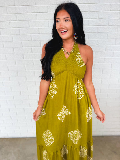 Smocked Border Print Maxi Dress - Olive Palm