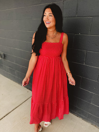 Polka Dot Square Neck Maxi Dress - Chili
