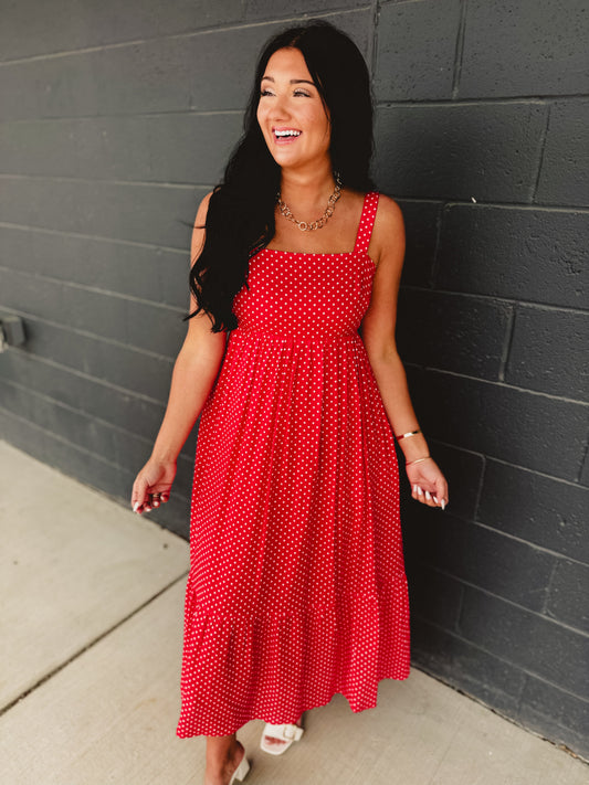 Polka Dot Square Neck Maxi Dress - Chili