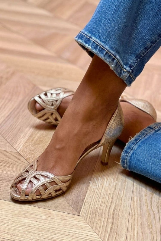 Tessa - Metallic Gold Peep-Toe Mid Heels