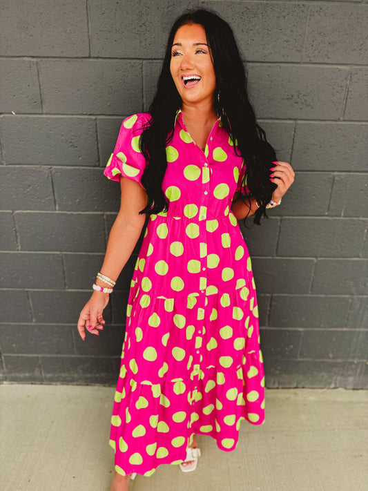 Polka Dot Cotton Poplin Button Up Maxi Dress - Hot Pink/Green