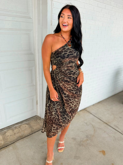 Leopard Printed Asymmetrical Midi Dress - Moonlight