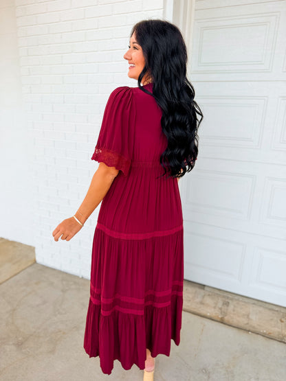 Lace Trim Front Tie Tiered Maxi Dress - Bordeaux