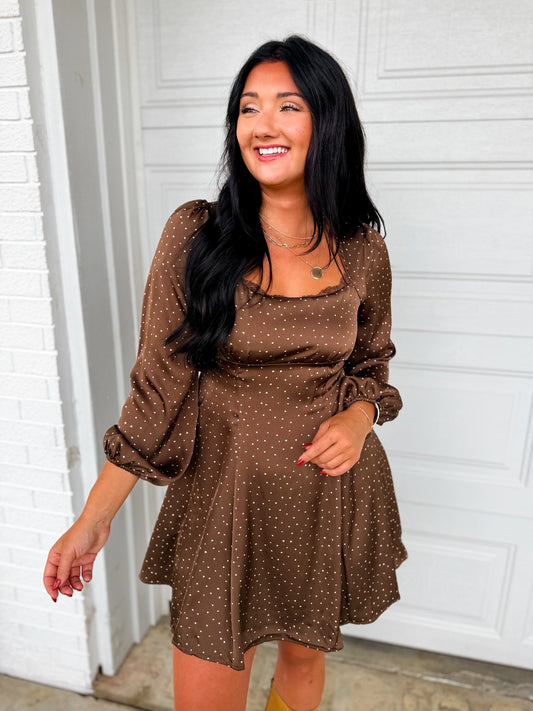 Abstract Dotted Long Sleeve Mini Dress - Chestnut