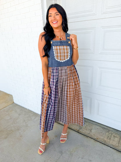 Mixed Plaid Denim Overall Maxi Dress - Multicolour
