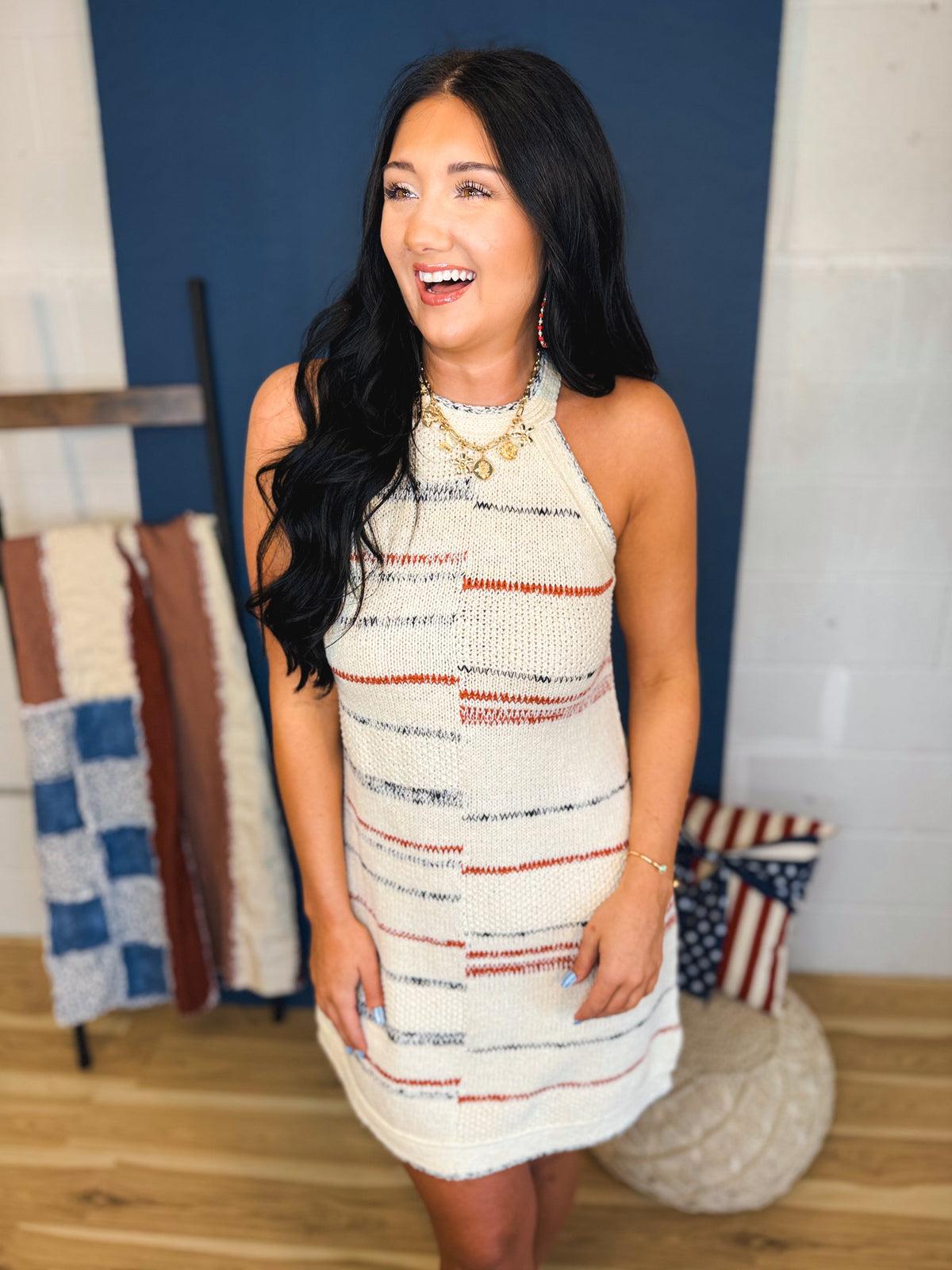 Textured Stripe Pattern Knit Mini Dress - Cream Multi