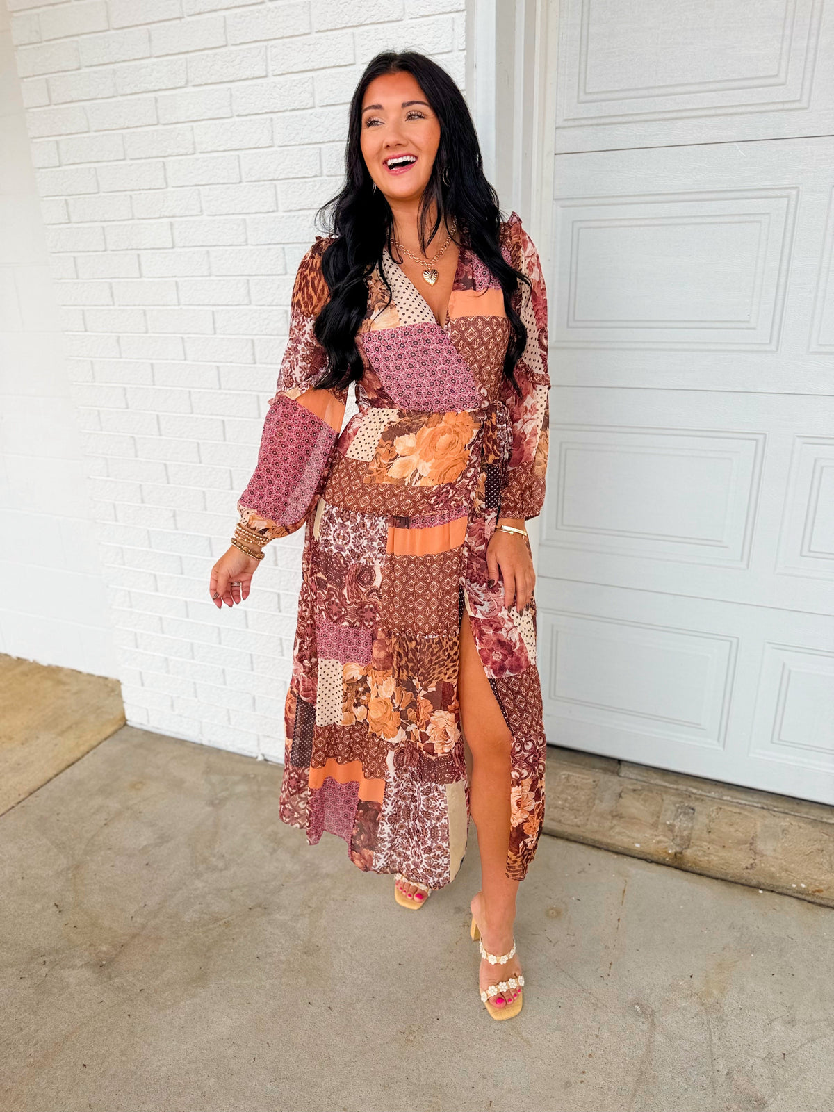 Multi Print Patchwork Wrap Maxi Dress - Sangria
