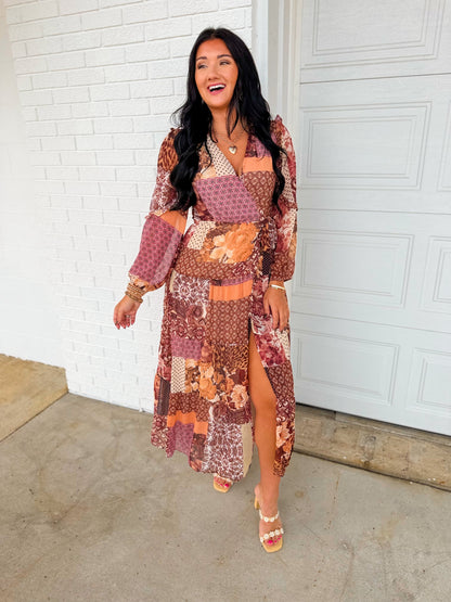 Multi Print Patchwork Wrap Maxi Dress - Sangria