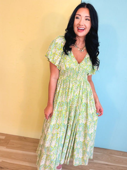 Smocked Waist Button Down Floral Maxi Dress - Fern