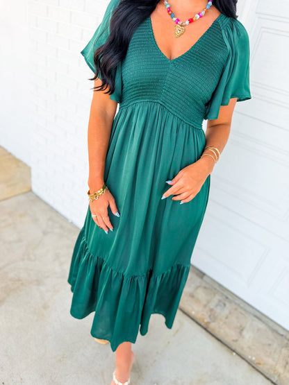 Smocked Washed Satin Tiered Maxi Dress - Emerald