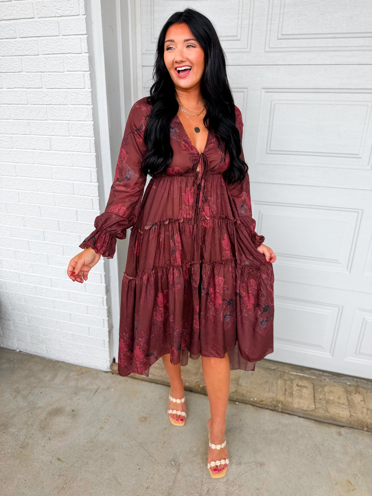 Floral Print Ruffled High-Low Button Up Midi Dress - Mulberry