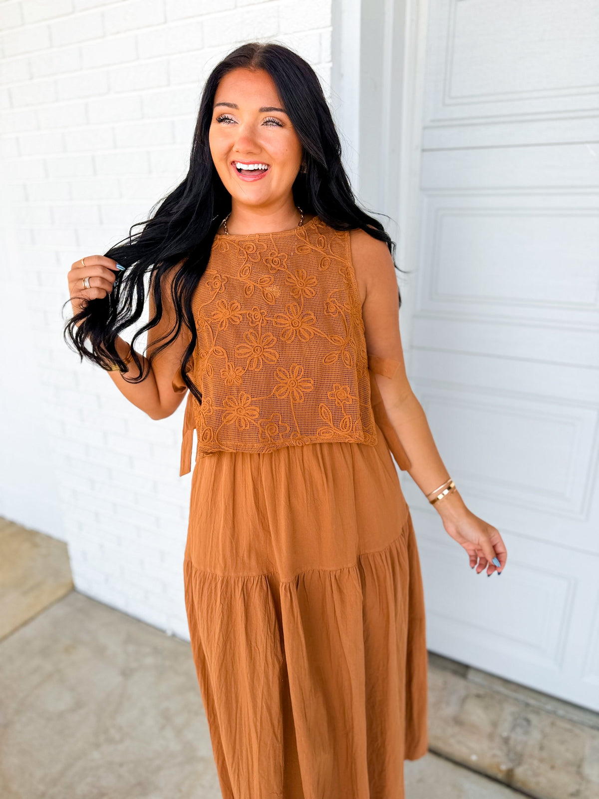 Embroidered Lace Vest & Midi Dress Set - Brown