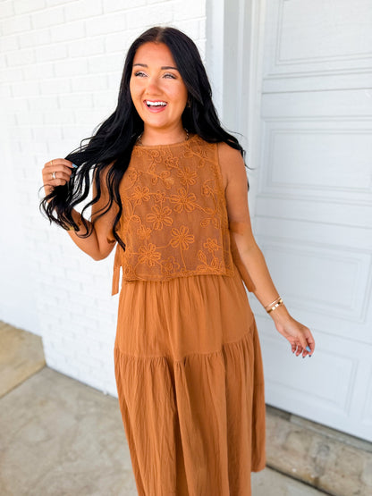 Embroidered Lace Vest & Midi Dress Set - Brown