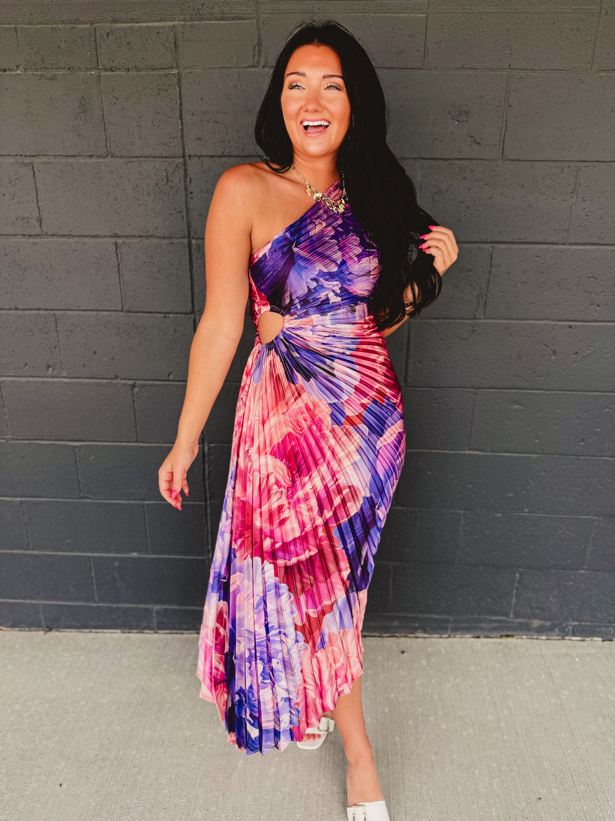 One Shoulder Asymmetrical Pleated Maxi Dress - Lilac Rose