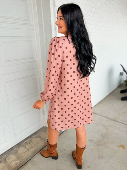 Polka Dot Pleated Long Sleeve Mini Shift Dress - Sienna