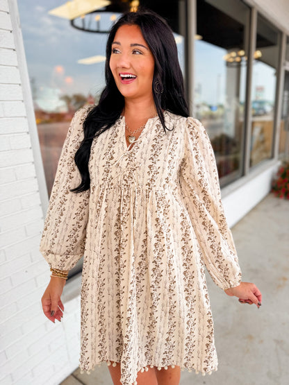 Floral Print Pom-Pom Trimmed Mini Dress - Cream/Brown