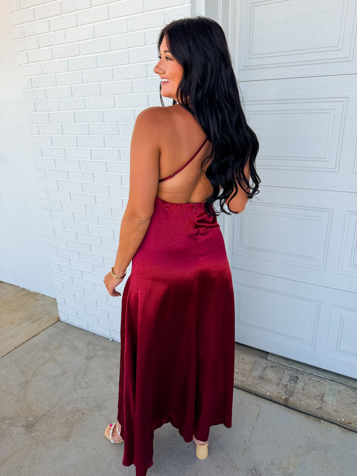 Satin Open Back Padded Maxi Dress - Sangria