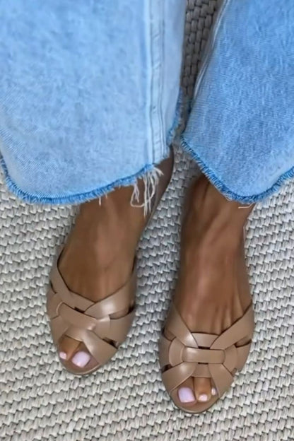 Quen - Woven Faux Leather Peep-Toe Flats