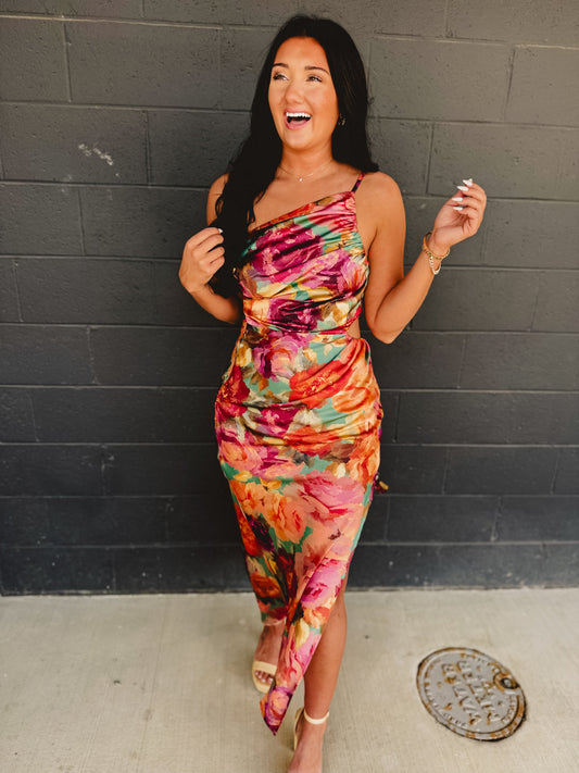 Asymmetric One Shoulder Ruched Maxi Dress - Parisian Floral