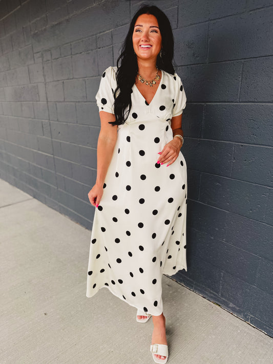 Polka Dot Puff Sleeve Maxi Dress - Cream/Black