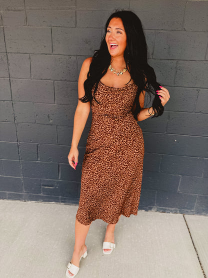 Leopard Print Criss Cross Maxi Dress - Mocha Mousse