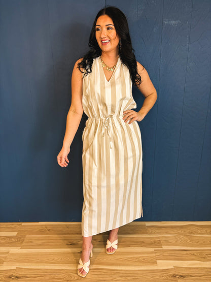 Striped Drawstring Maxi Dress - Off White/Taupe