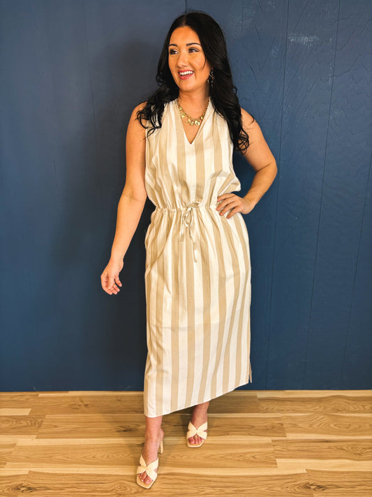 Striped Drawstring Maxi Dress - Off White/Taupe