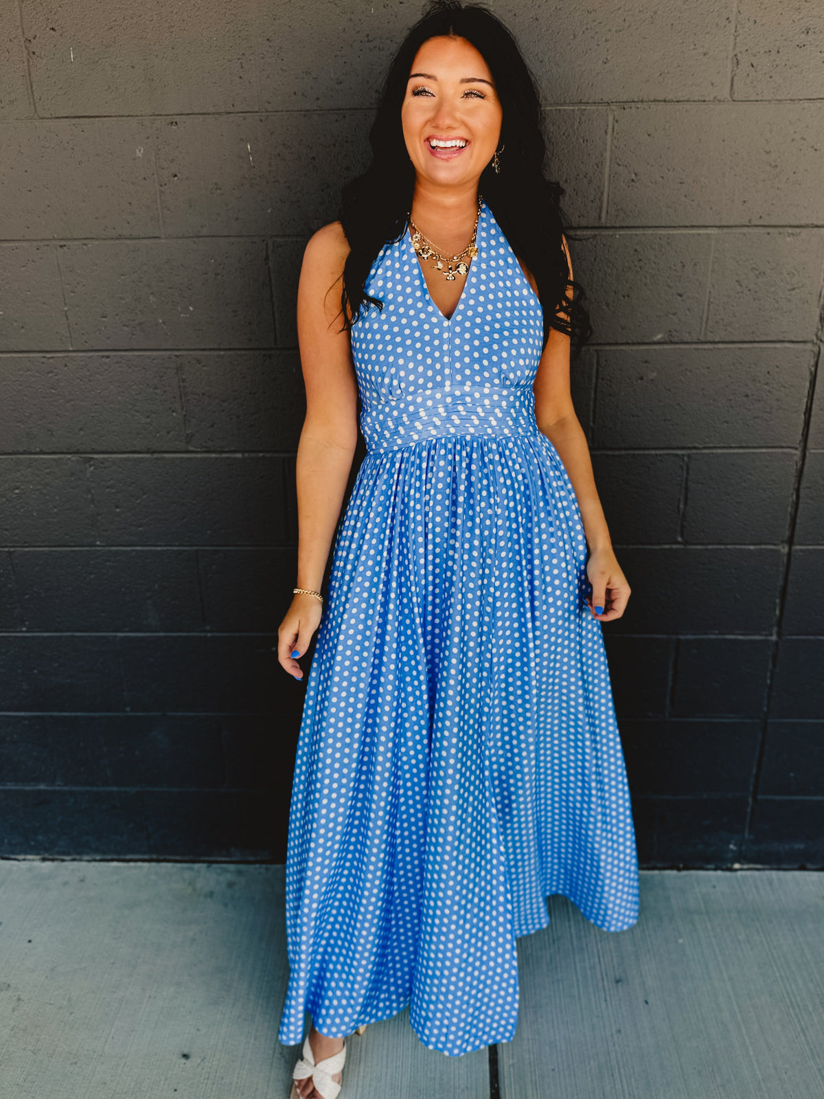 Polka Dot Halter Maxi Dress - Airy Blue