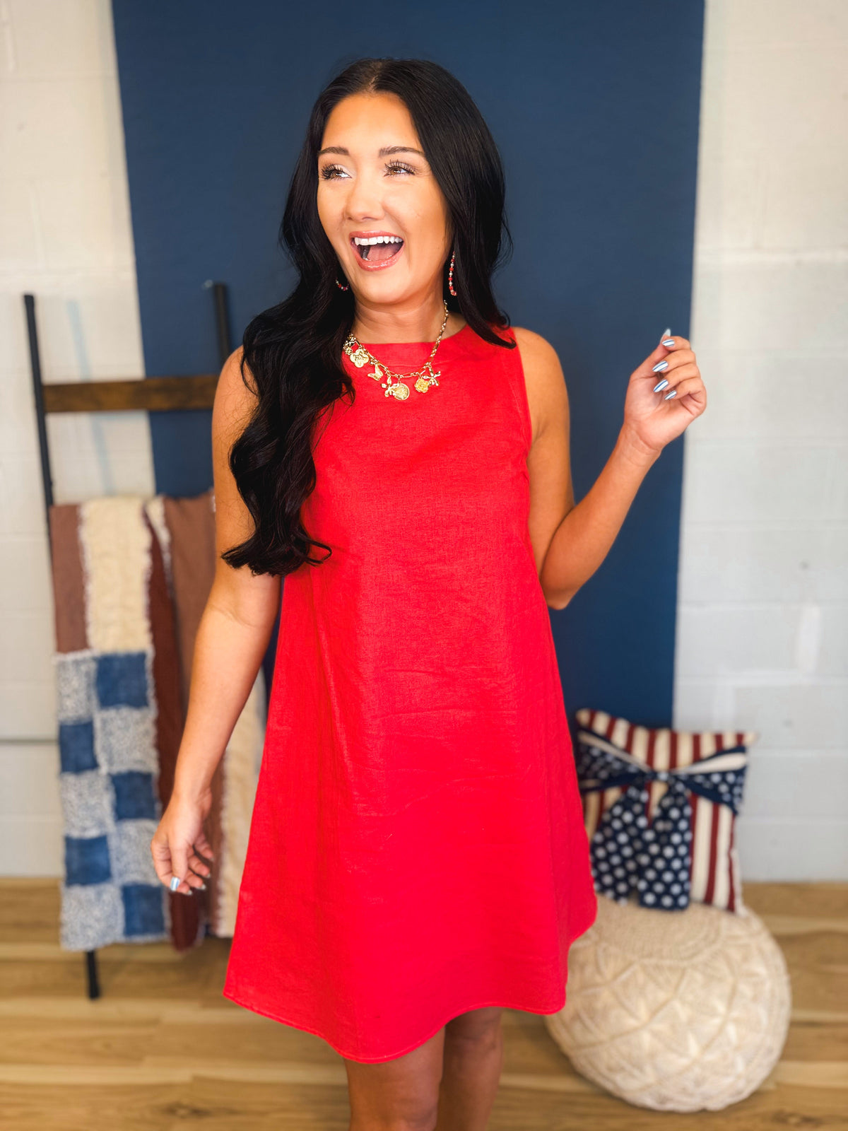 Side Button Detail Mini Dress - Red