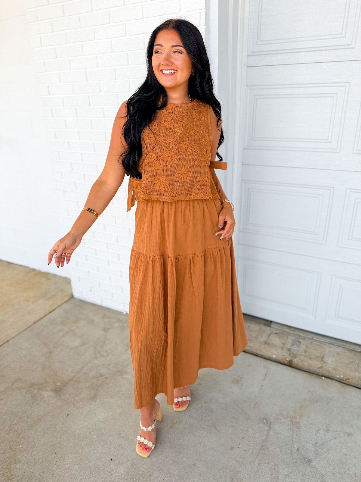 Embroidered Lace Vest & Midi Dress Set - Brown