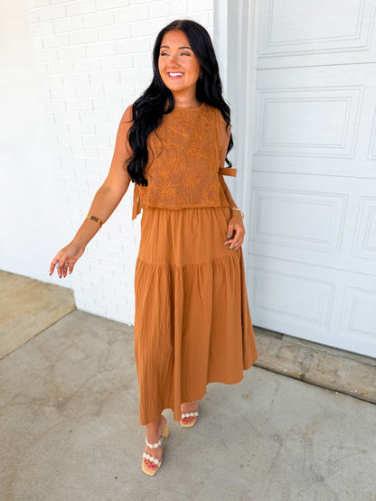 Embroidered Lace Vest & Midi Dress Set - Brown