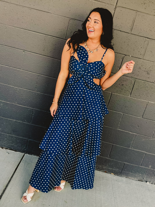 Denim Floral Embroidered Tiered Flare Maxi Dress