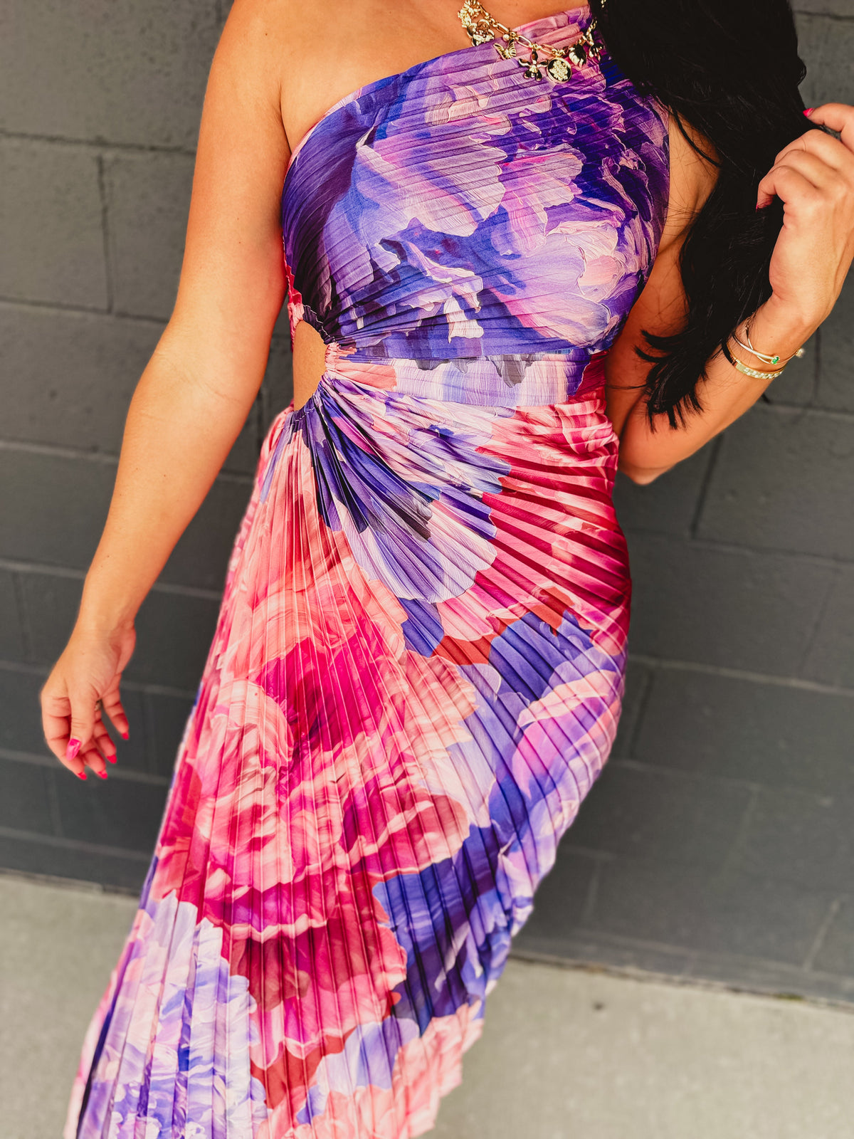One Shoulder Asymmetrical Pleated Maxi Dress - Lilac Rose