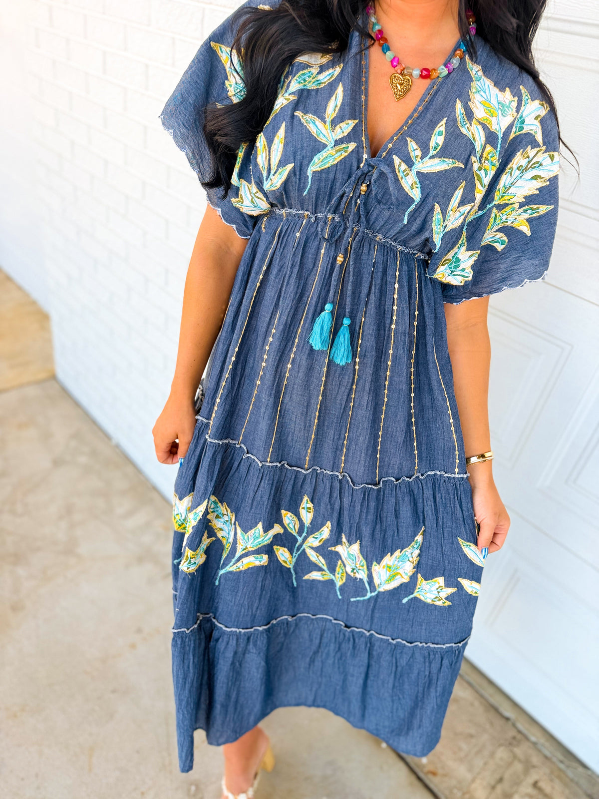 POL Floral Embroidered Chambray Maxi Dress — Denim Blue