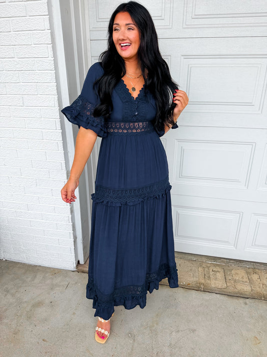 Lace Trim Ruffle Sleeve Maxi Dress - Navy