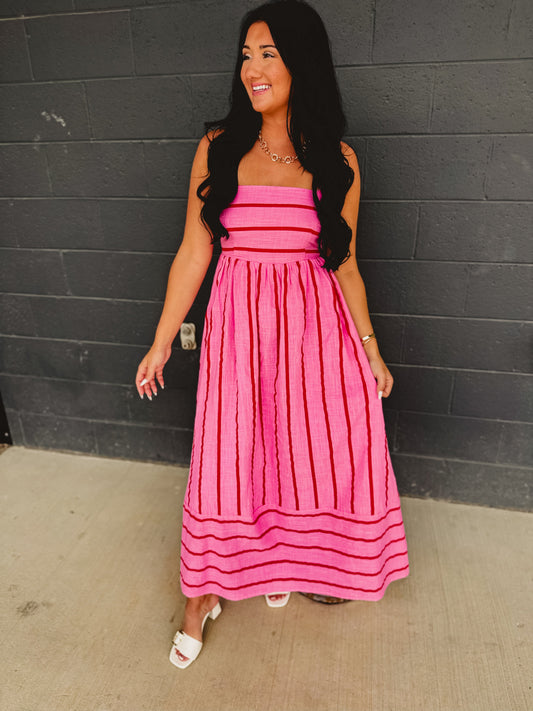 Striped Woven Cotton Flare Midi Dress - Pink Multi