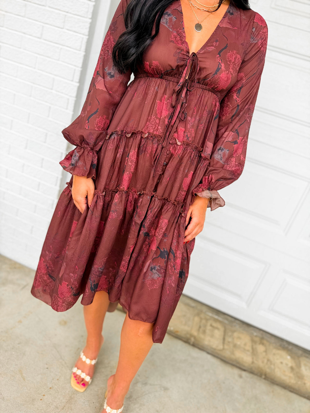 Floral Print Ruffled High-Low Button Up Midi Dress - Mulberry