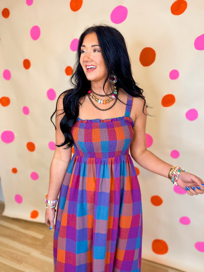 Multicolour Plaid Midi Dress - Navy Combo