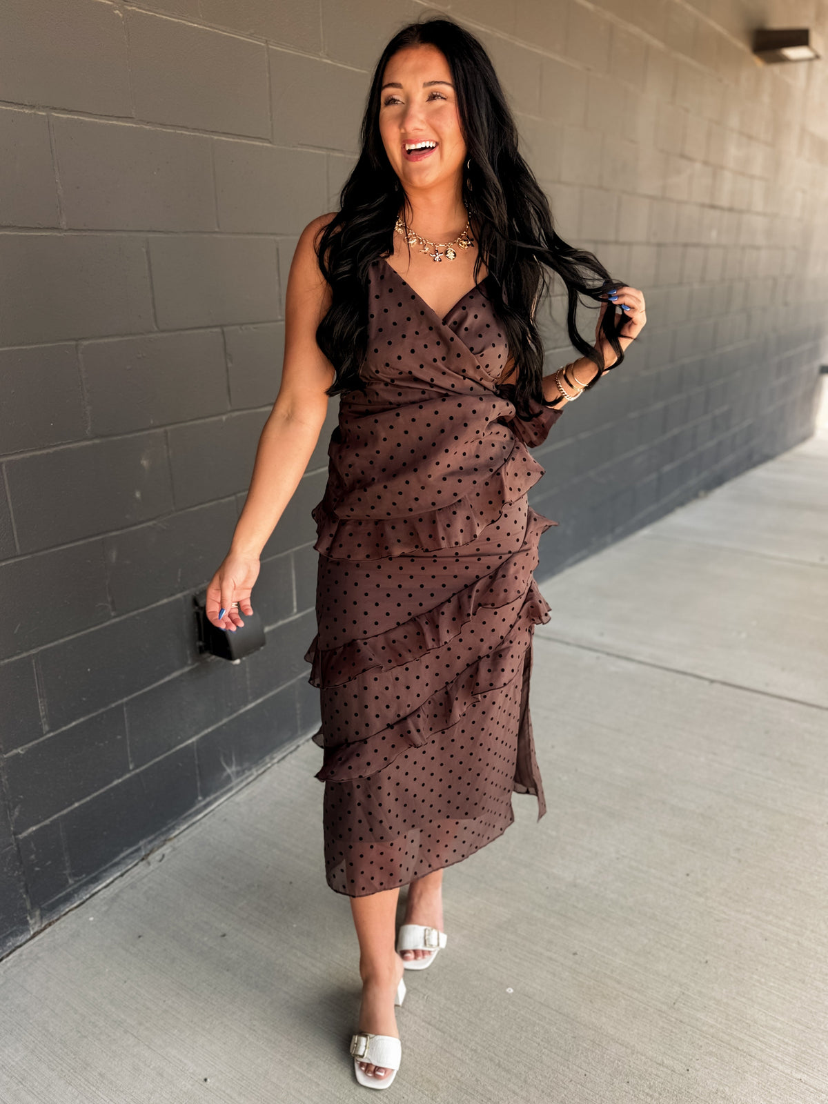 Cascading Ruffle Polka Dot Midi Dress - Chocolate