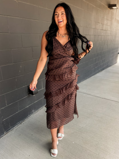 Cascading Ruffle Polka Dot Midi Dress - Chocolate