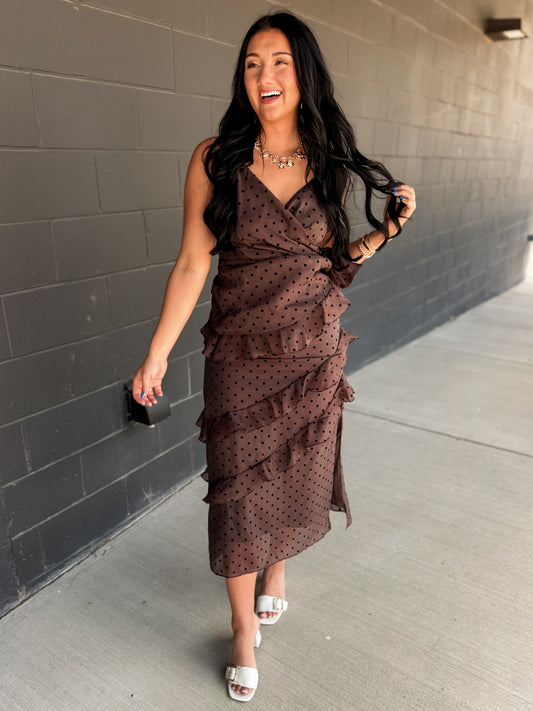 Cascading Ruffle Polka Dot Midi Dress - Chocolate