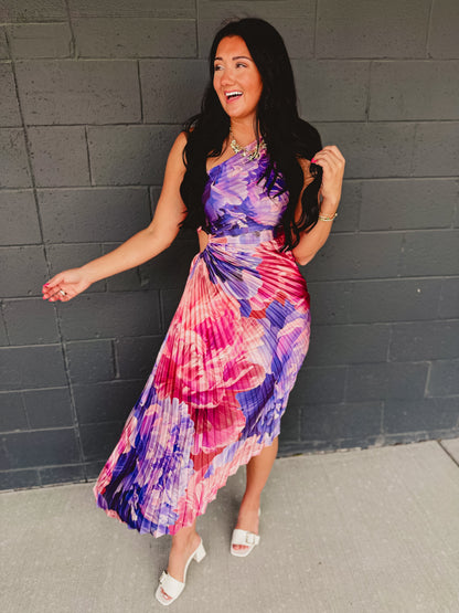 One Shoulder Asymmetrical Pleated Maxi Dress - Lilac Rose