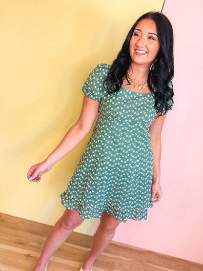 Embroidered Babydoll Mini Dress - Eucalyptus
