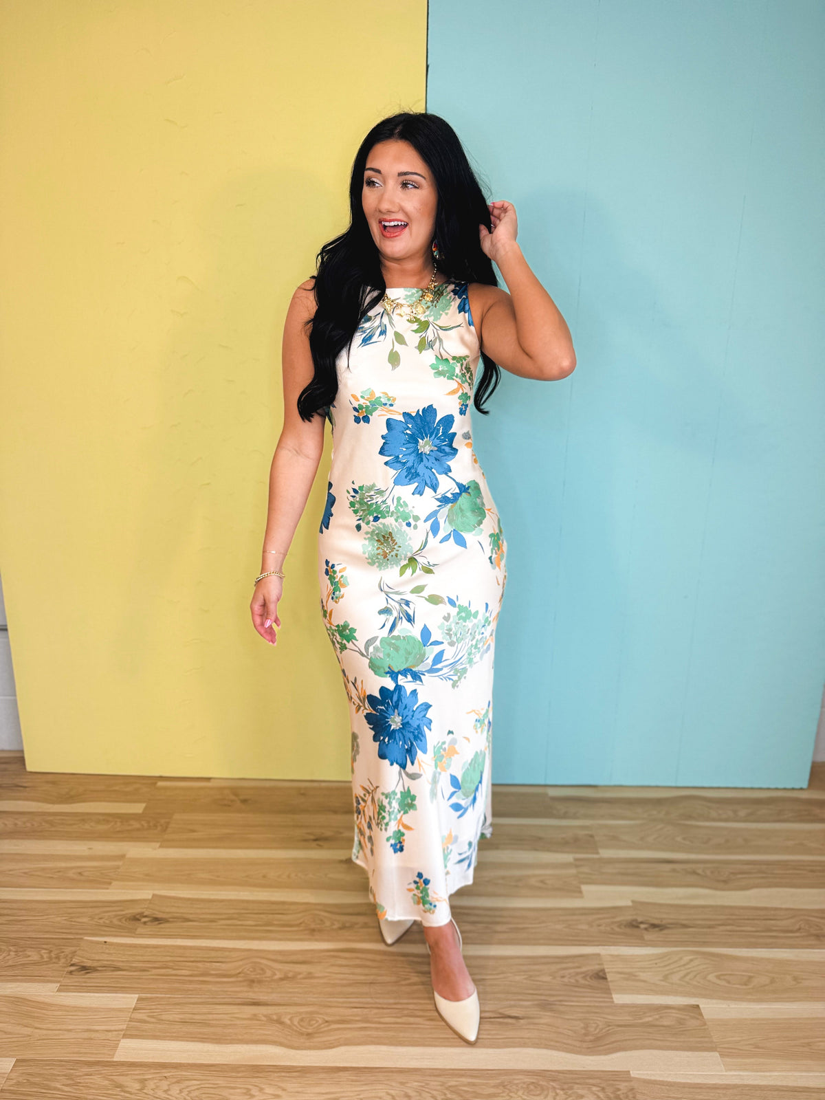 Floral Satin Bias-Cut Cowl Back Maxi Dress - Cream