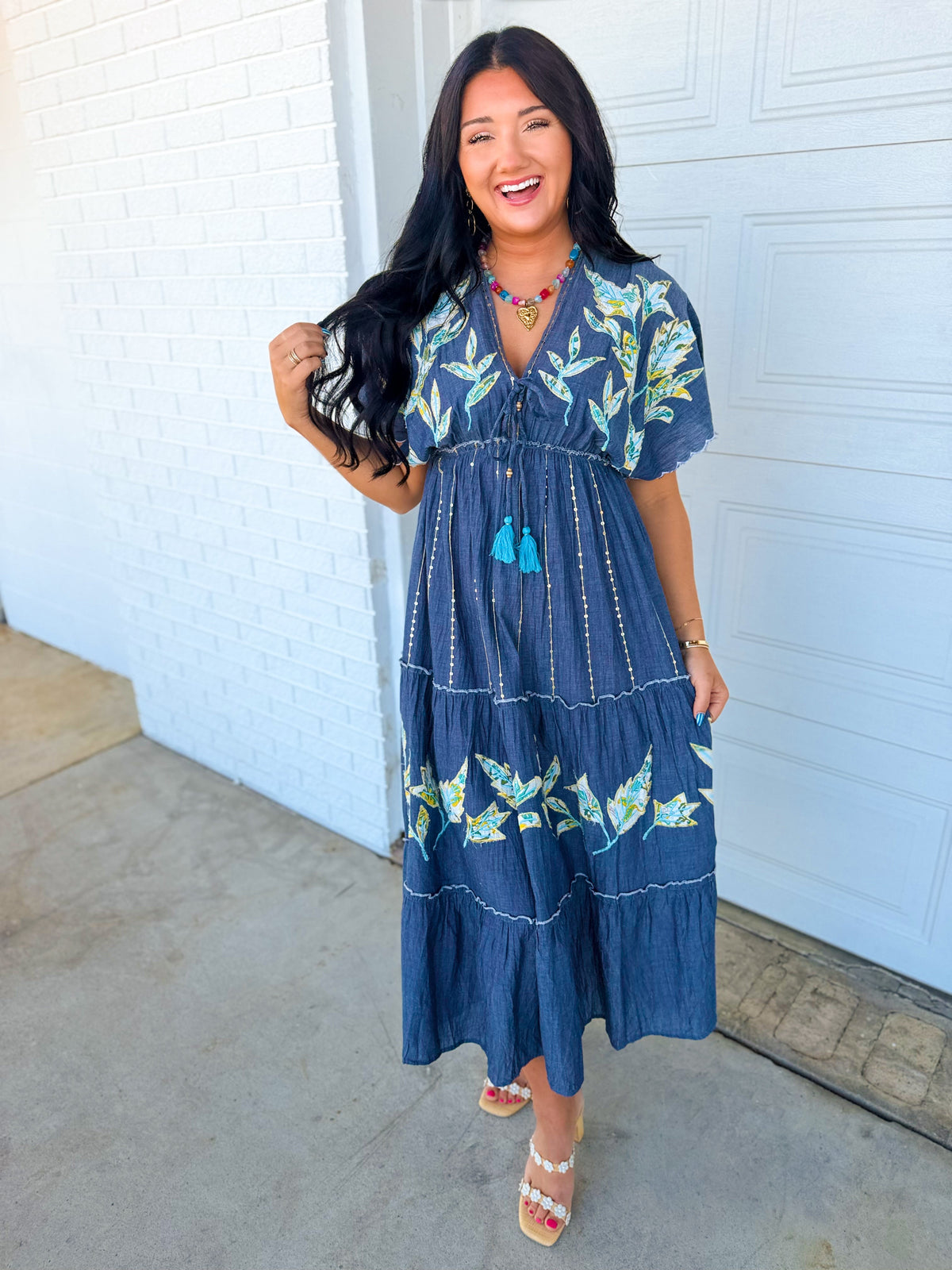 POL Floral Embroidered Chambray Maxi Dress — Denim Blue