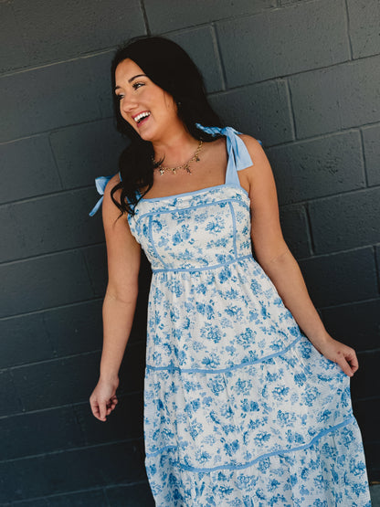 Floral Print Contrast Detail Midi Dress - Light Blue